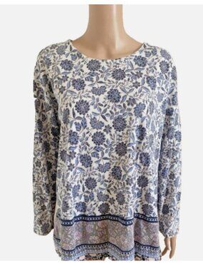 J JILL Border Print Blue White 100% Cotton Tunic Top Oversized Large - Excellent